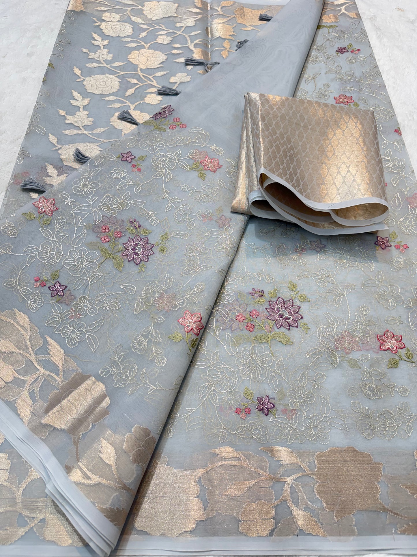 Grey shade organza designer  embroidery premium Banarasi saree