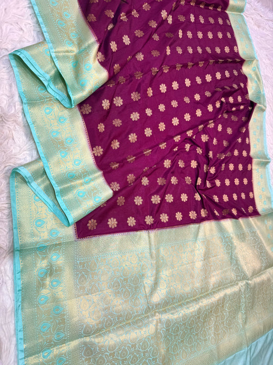 Maroon & sea green shade  Dupion Silk premium Banarasi Saree