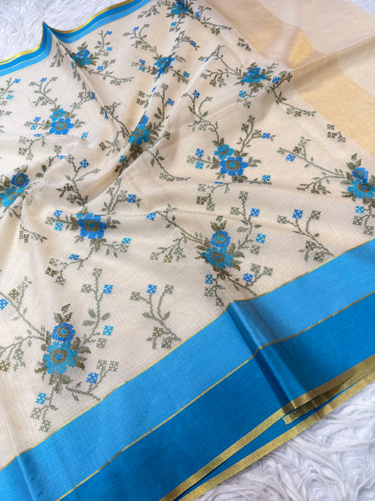 Off White powder blue shade tissue kota embroidery Banarasi saree