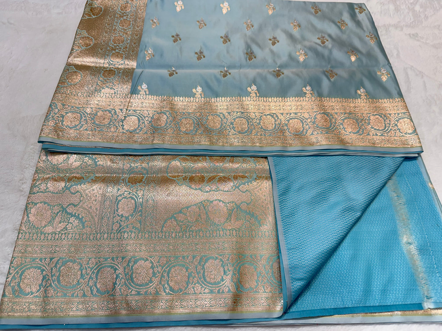 Powder blue shade satan katan premium Banarasi silk Saree
