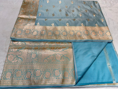 Powder blue shade satan katan premium Banarasi silk Saree