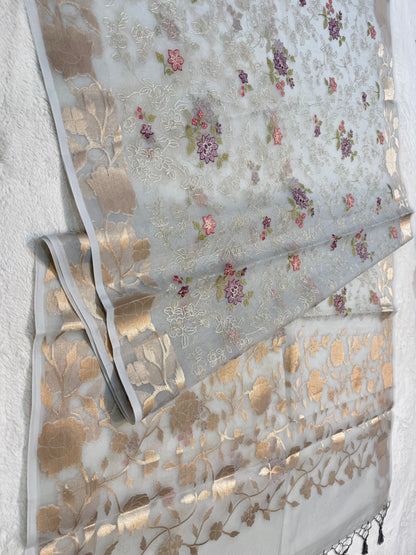 Grey shade organza designer  embroidery premium Banarasi saree