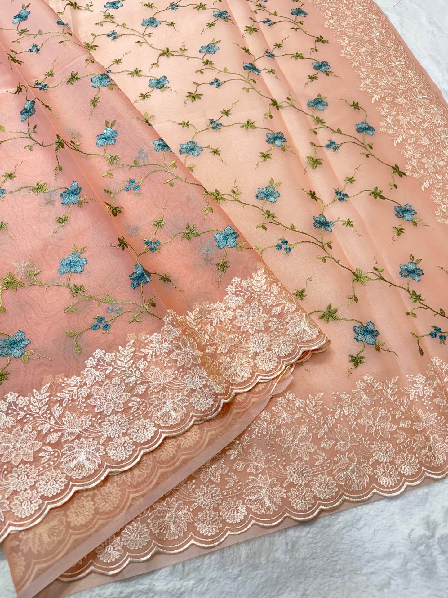 Peach shade organza designer cutwork premium embroidery Banarasi saree