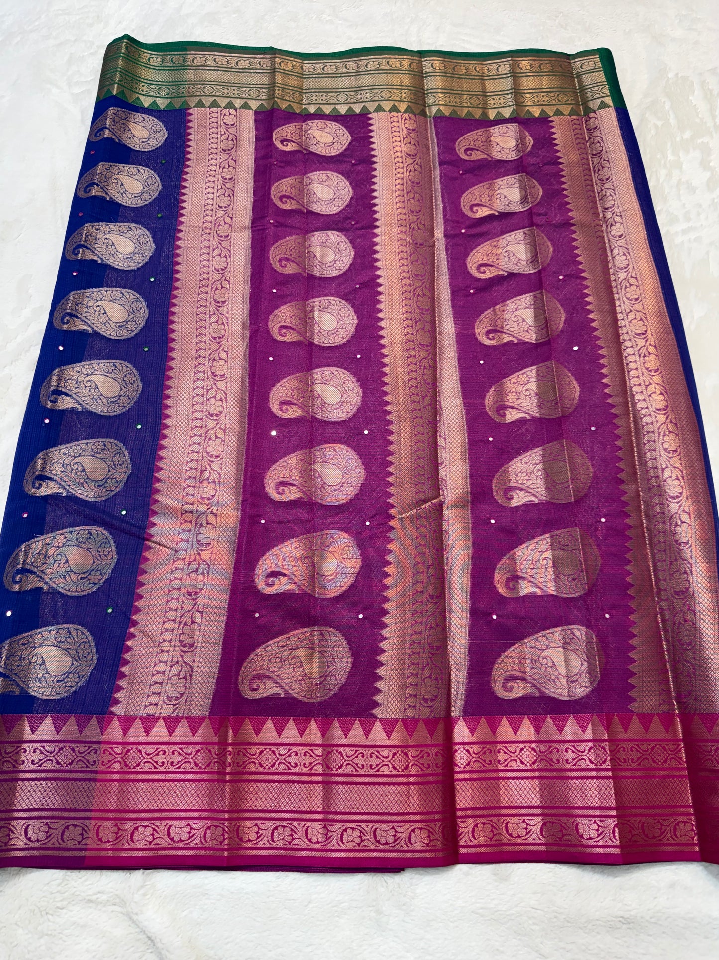 Royal blue royal pink bottle green shade kota mirror work premium Banarasi saree
