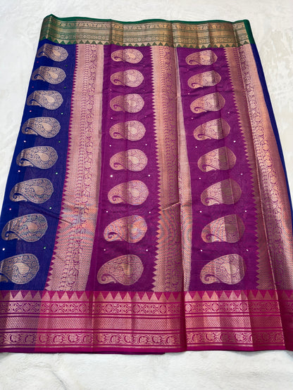 Royal blue royal pink bottle green shade kota mirror work premium Banarasi saree