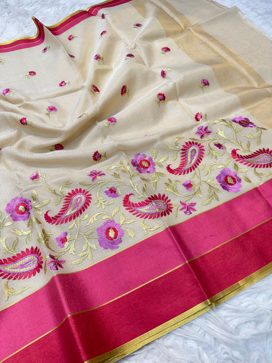 Off White maharani royal pink shade tissue kota embroidery Banarasi saree