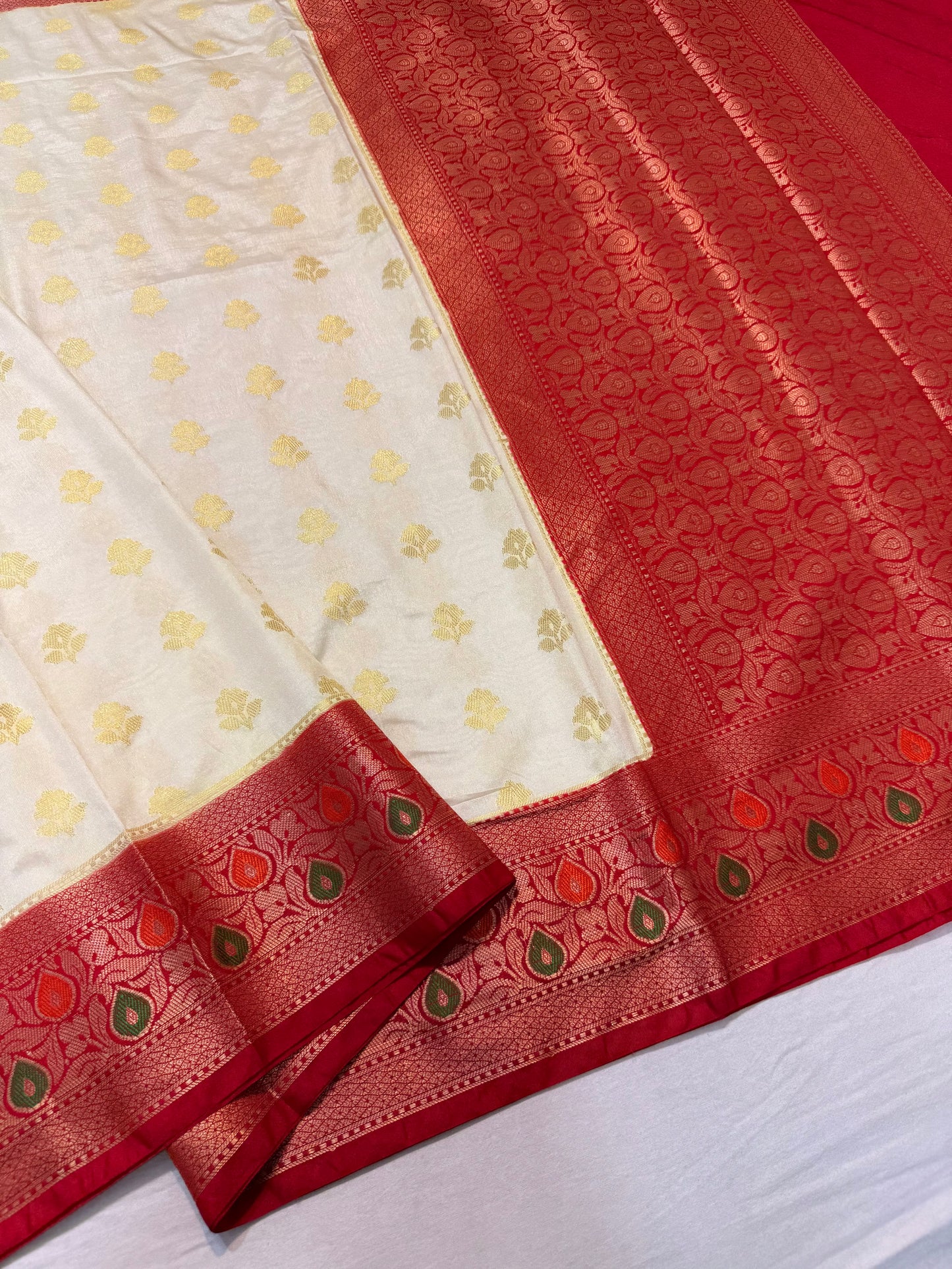 Off white red shade Dupion Silk premium Banarasi Saree