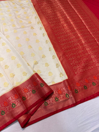 Off white red shade Dupion Silk premium Banarasi Saree