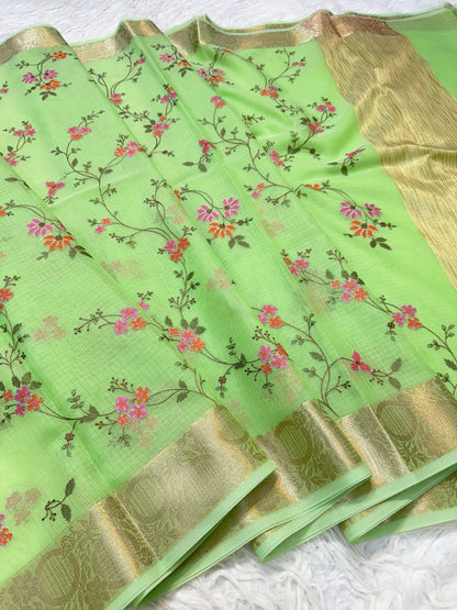 Pista green shade kota embroidery Banarasi saree