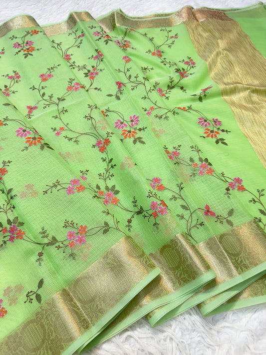 Pista green shade kota embroidery Banarasi saree