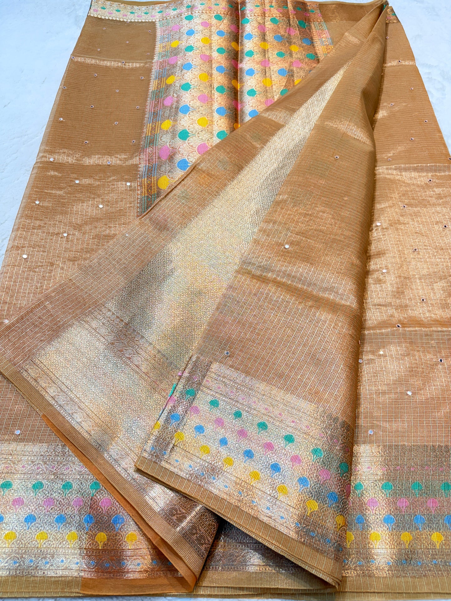 Bronze shade tissue kota mirror work premium Banarasi saree