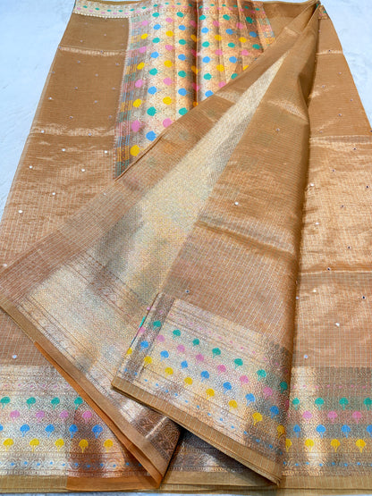Bronze shade tissue kota mirror work premium Banarasi saree