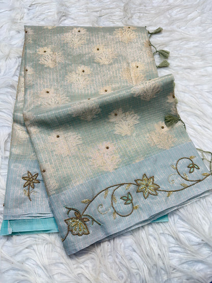 Sea green shade tissue kota designer handwork premium Banarasi saree