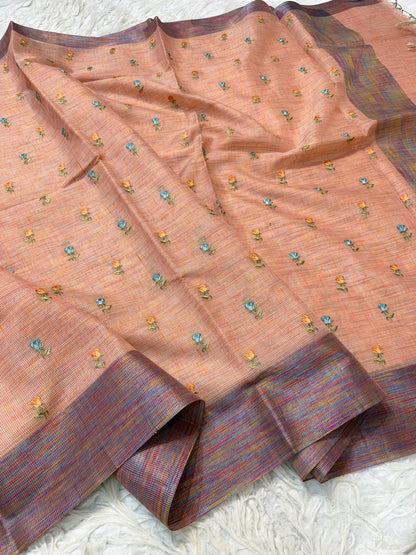 Dusty pink shade linen  embroidery Banarasi saree