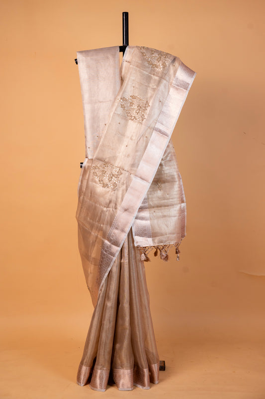 Beige shade tissue designer hand work Banarasi saree