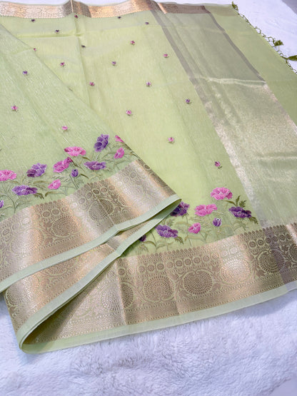 Pista green shade linen embroidery Banarasi saree