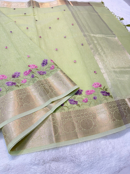 Pista green shade linen embroidery Banarasi saree