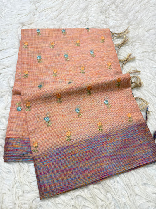 Dusty pink shade linen  embroidery Banarasi saree