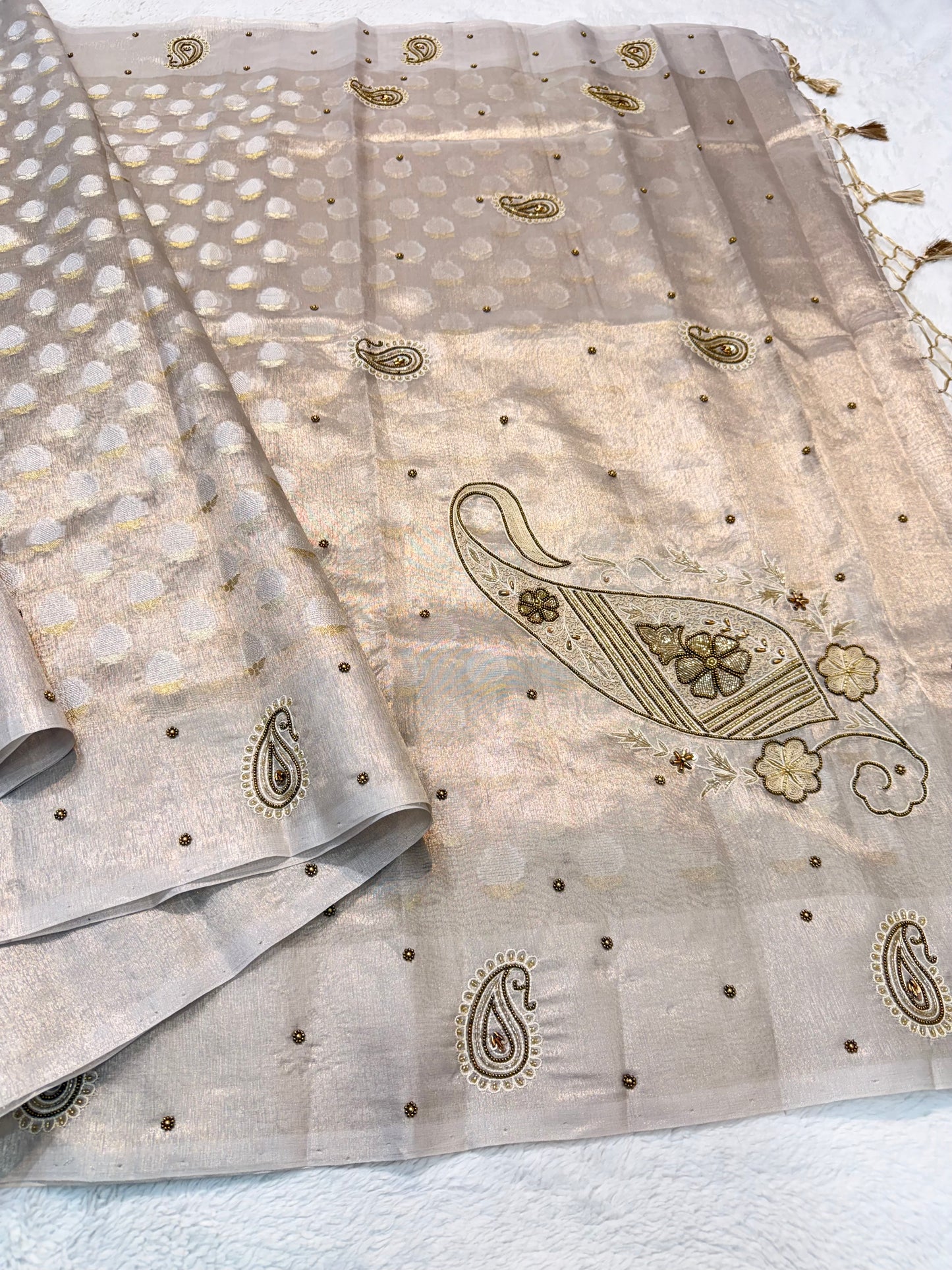 Beige shade tissue designer hand work Banarasi saree