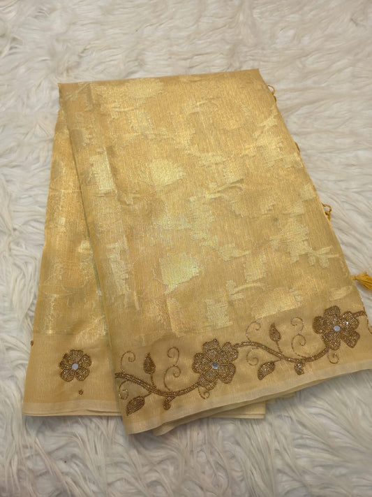 Gold shade tissue kota designer handwork premium Banarasi saree