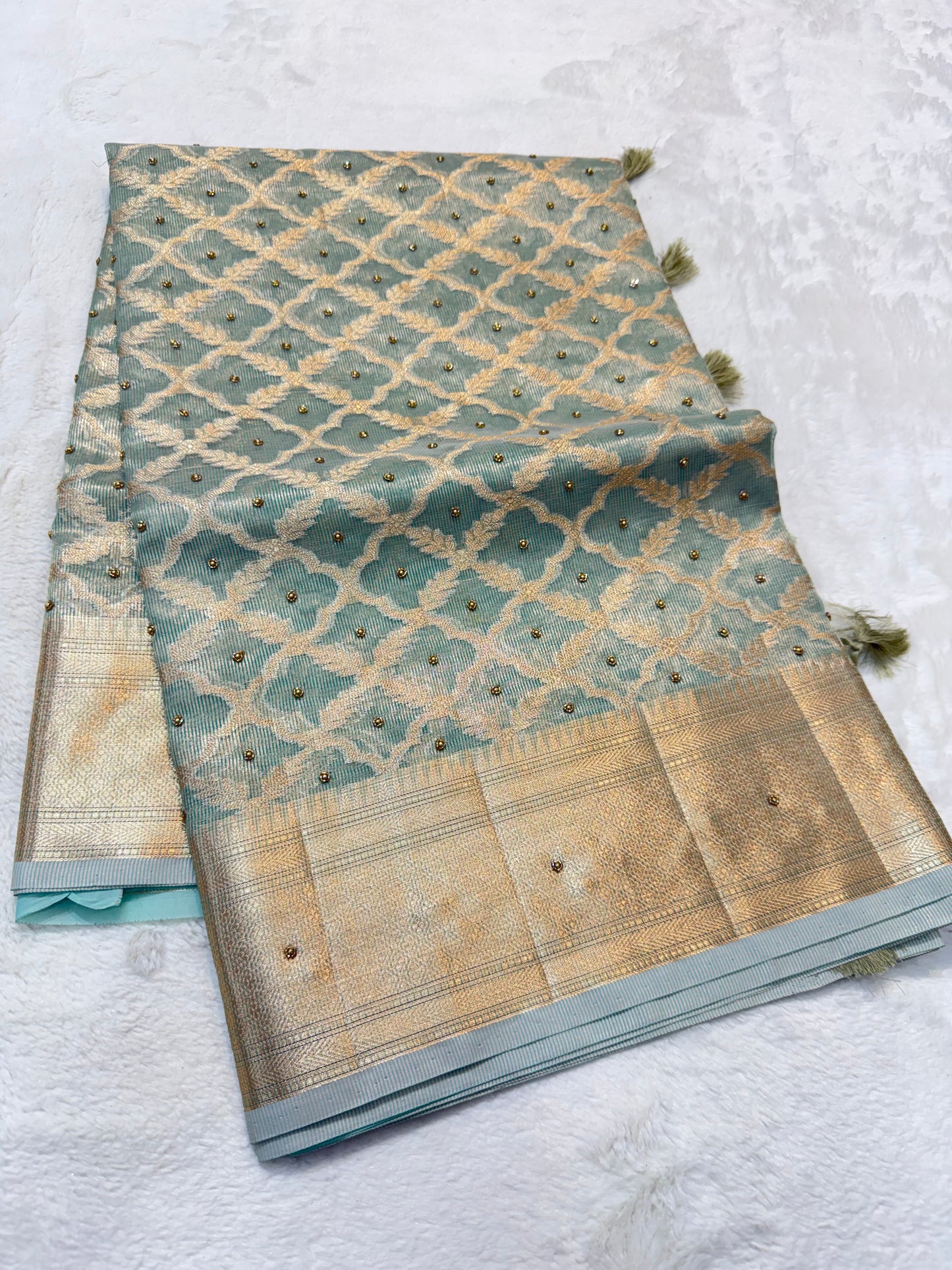 Sea green shade tissue kota designer handwork premium Banarasi saree
