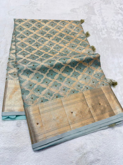 Sea green shade tissue kota designer handwork premium Banarasi saree
