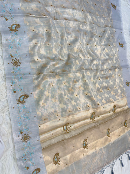 Silver shade tissue kota designer handwork premium Banarasi saree