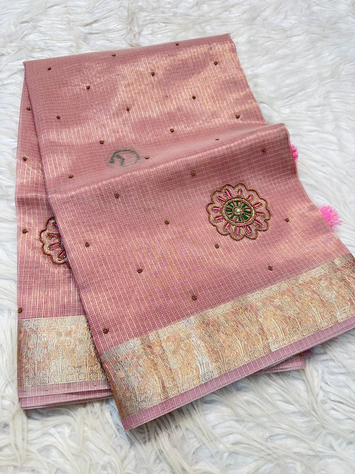 Pink shade tissue kota designer handwork premium Banarasi saree