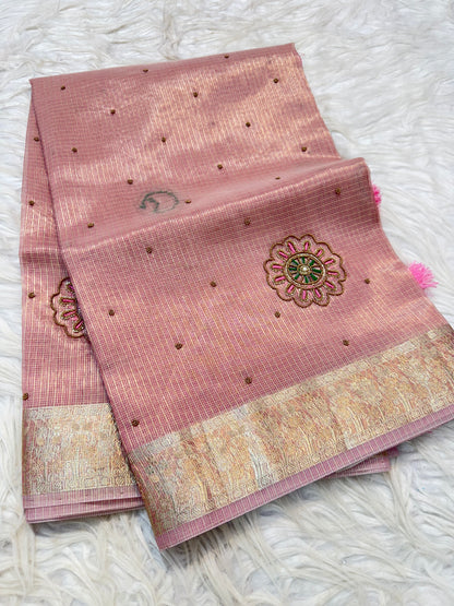 Pink shade tissue kota designer handwork premium Banarasi saree