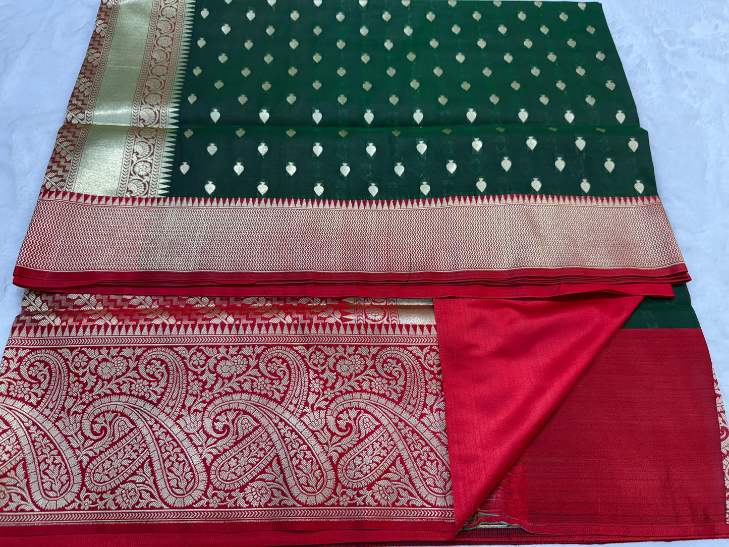 Bottle green red shade katan Banarasi silk Saree