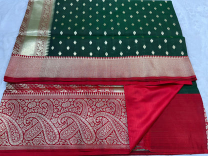 Bottle green red shade katan Banarasi silk Saree