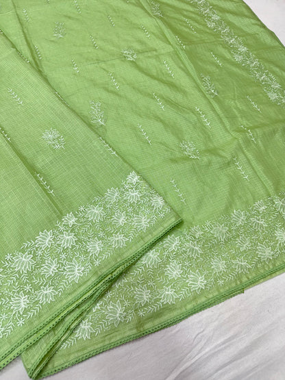 Pista green shade cotton kota chickenkari embroidery Banarasi saree
