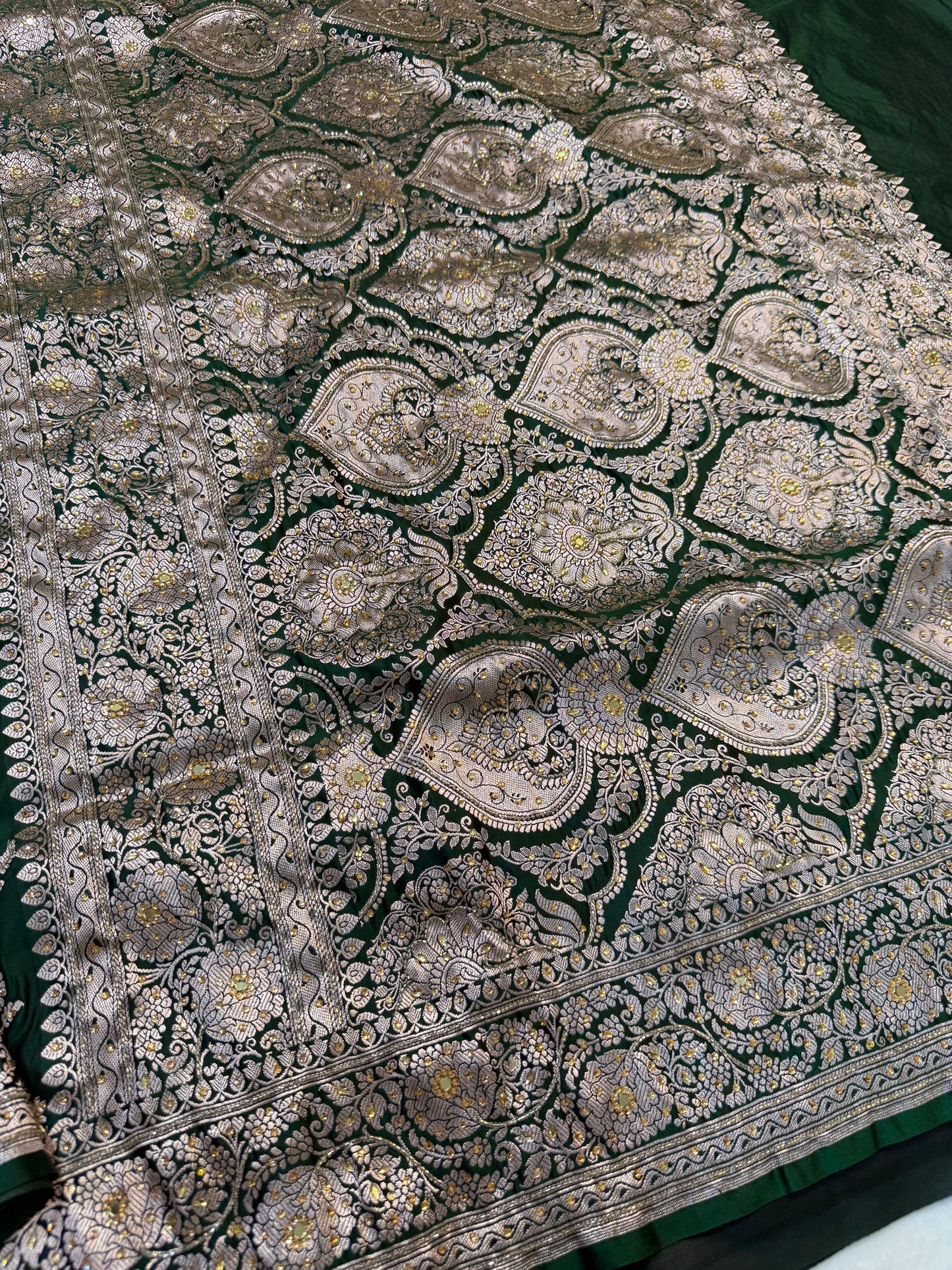 Bottel green shade Bridal Mashru ari & stone Silk Banarasi Saree