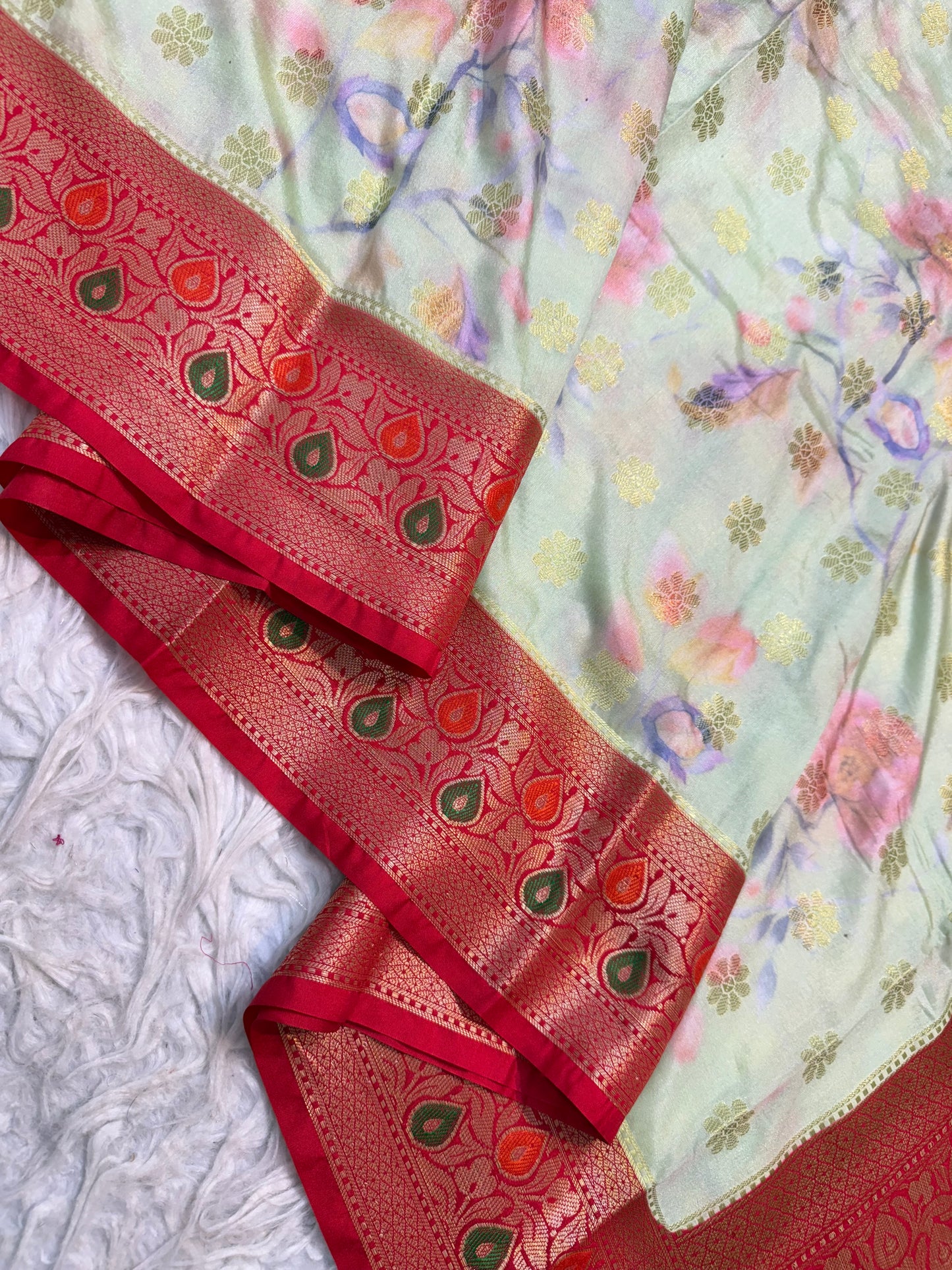 Pista green red & multicolour Dupion silk digital print Banarasi saree