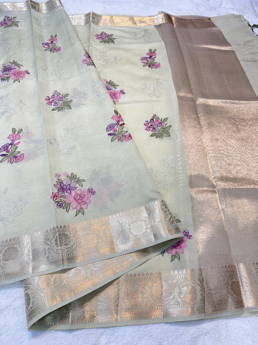 Pista green shade soft silk designer  premium embroidery Banarasi saree