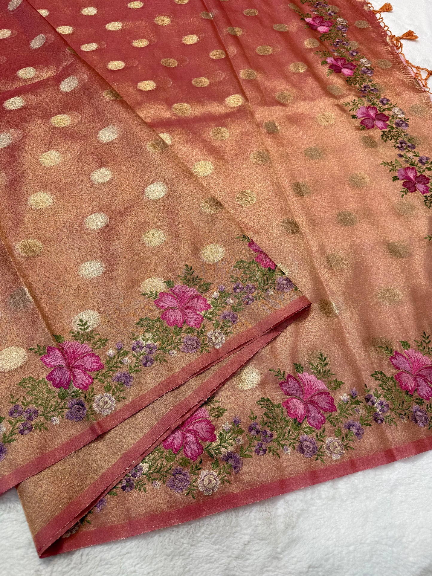 Peach shade tissue cutwork embroidery premium designer Banarasi saree