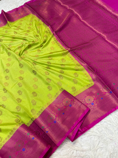 Pista green royal pink shade  Dupion Silk premium Banarasi Saree