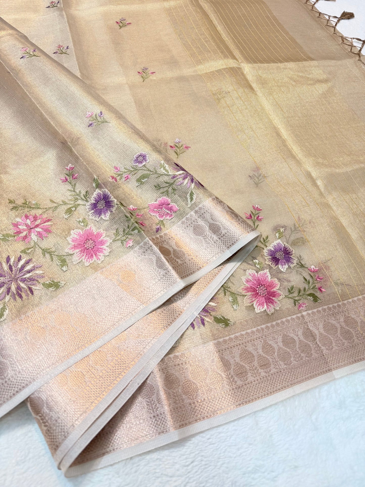 Beige shade tissue kota designer embroidery premium Banarasi saree