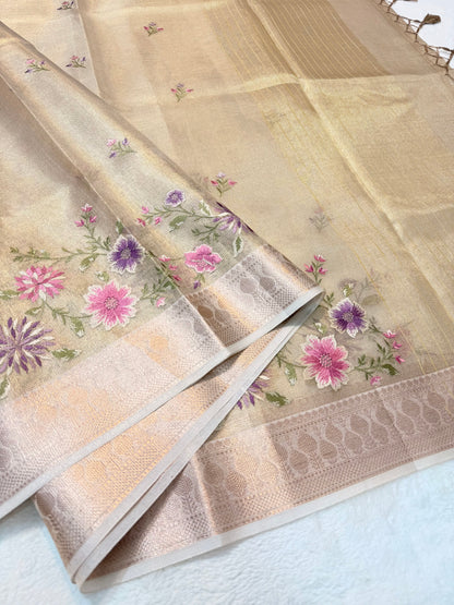 Beige shade tissue kota designer embroidery premium Banarasi saree
