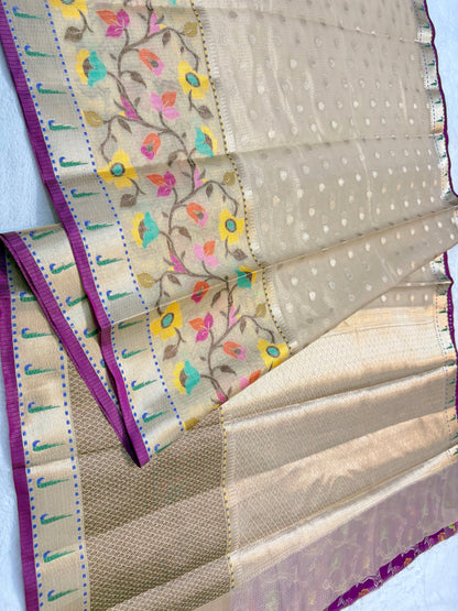 Beige& multicolour shade tissue kota premium paithani border designer banarasi saree