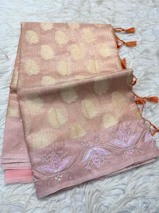 Peach shade tissue kota zardosi work Banarasi saree