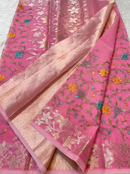Pink shade kora organza  embroidery Banarasi saree