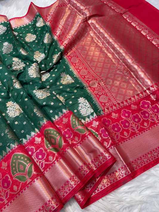 Bottle green & redshade Chiniya Silk premium Banarasi Saree