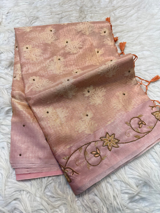 Peach shade tissue kota handwork premium Banarasi saree