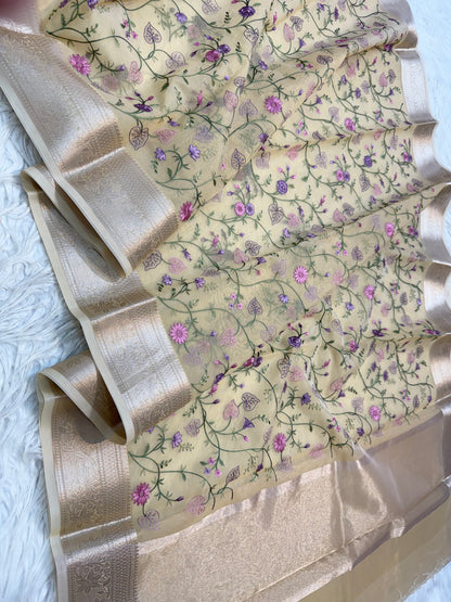 Beige shade organza embroidery Banarasi saree