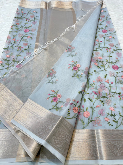 Grey  shade organza embroidery Banarasi saree