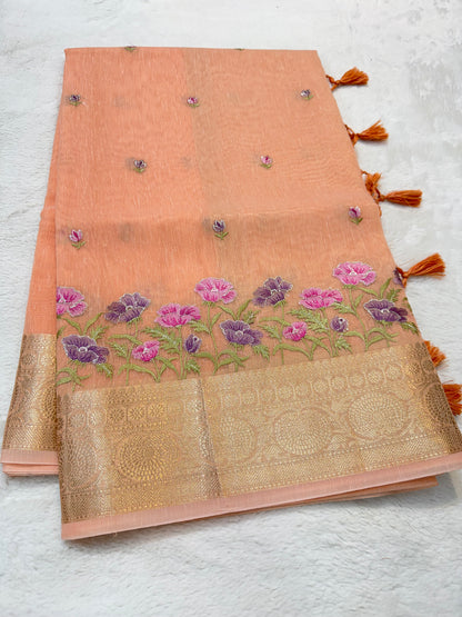 Peach shade linen embroidery Banarasi saree