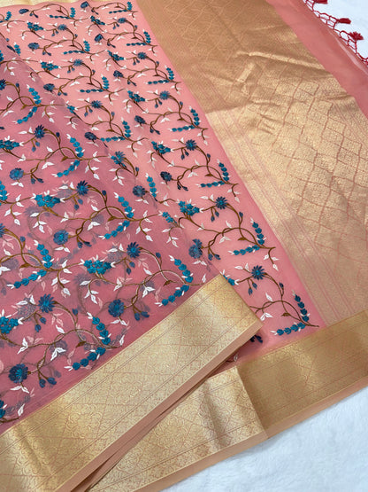 Peach shade organza designer premium embroidery Banarasi saree