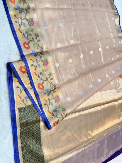 Beige & multicolour shade tissue kota premium paithani border designer banarasi saree
