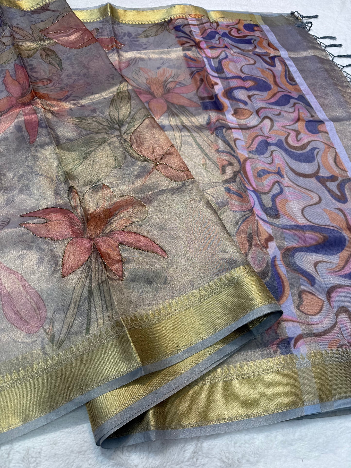 Multicolour Tissue digital print handwork premium designer Banarasi saree